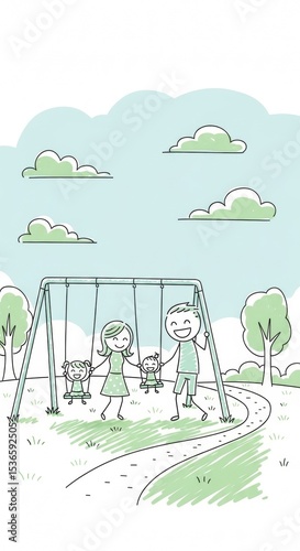 Happy stick figure family enjoying a day at the park on the swings