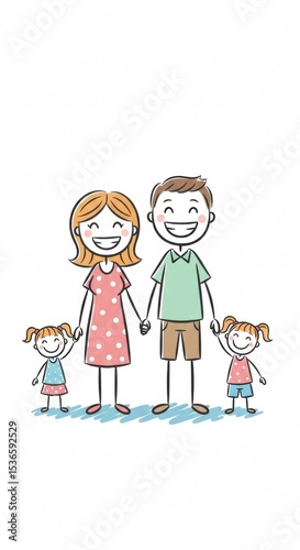Happy Stick Figure Family Holding Hands on a Blue Wavy Ground