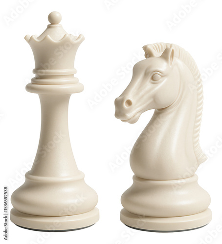 Elegant white chess queen and knight pieces displayed next to each other on transparent background.