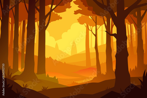 Vector illustration of a desert landscape at sunset with silhouetted trees and mountains, evoking scenic nature