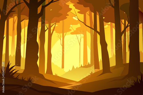 Autumn forest park landscape at sunset with orange and red trees
