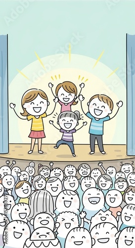 Cheerful children's performance on stage with a happy audience illustration