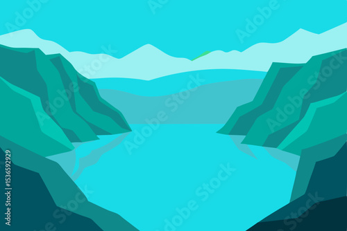 Serene mountain landscape with a clear blue sky, reflecting the beauty of the lake and surrounding hills at sunrise