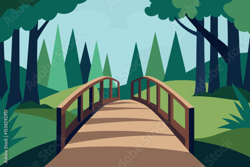 A serene wooden footbridge winds through a lush green forest, leading to a vibrant blue lake under a clear summer sky