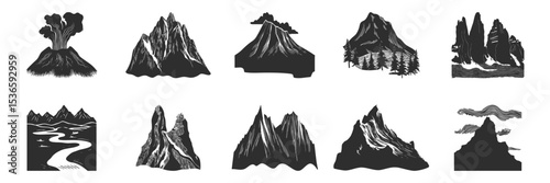 Mountain And Volcano Silhouette Set. Nature And Adventure Themes Isolated Vector Illustration Collection