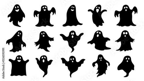 set of halloween ghosts silhouette vector on tranparent background