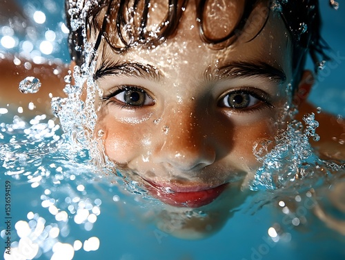 Boy swimming pool underwater happy summer fun