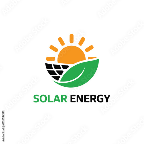 Solar Energy Logo Design, Renewable Energy Symbol with Sun, Solar Panels, and Leaf Solar Logo Design,