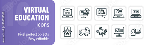 Set of virtual education icons depicting online learning activities