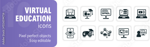 This set of virtual education icons represents the modern approach to learning and knowledge acquisition