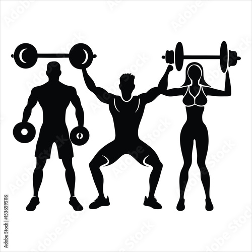 Fitness exercise silhouette, Gym weightlifting silhouette isolated on white background, Silhouette of Woman Lifting Barbell, Weight Training, Fitness Girl Lifting Heavy Barbell Vector Illustration