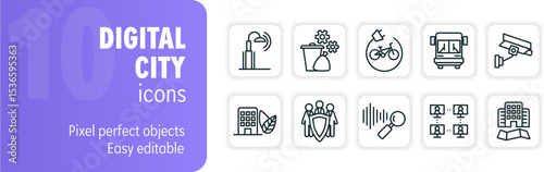 Set of 10 digital city icons depicting various aspects of a smart city environment
