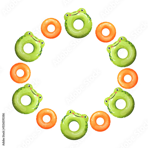 Bright Top-View Circular Frame Made of Inflatable Rings. Illustration of a Spherical Border on a Light Background.