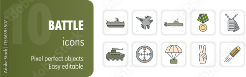 Military and war filled line icon set for web and apps