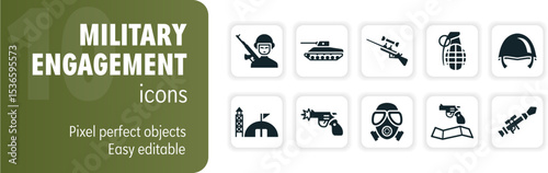 Set of military engagement glyph icons representing various aspects of warfare
