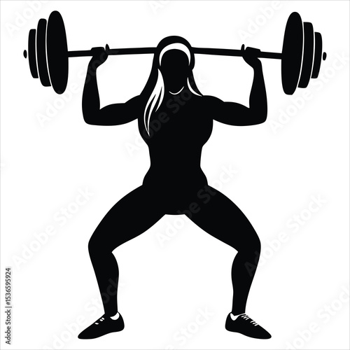 Fitness exercise silhouette, Gym weightlifting silhouette isolated on white background, Silhouette of Woman Lifting Barbell, Weight Training, Fitness Girl Lifting Heavy Barbell Vector Illustration