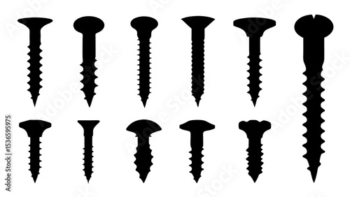 Set of black various screws vector silhouette
