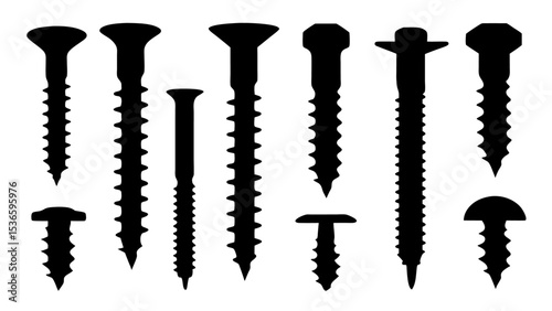 Set of black various screws vector silhouette