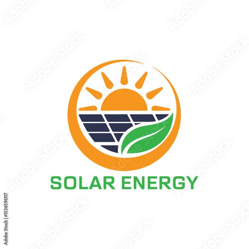 Solar Energy Logo Design, Renewable Energy Symbol with Sun, Solar Panels, and Leaf Solar Logo Design,