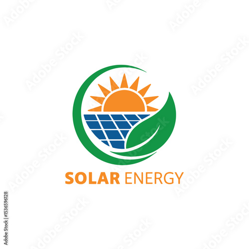 Solar Energy Logo Design, Renewable Energy Symbol with Sun, Solar Panels, and Leaf Solar Logo Design,