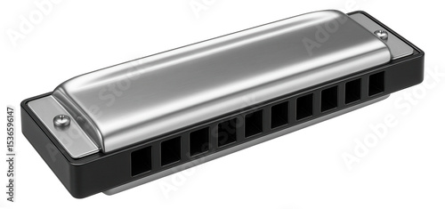 A sleek metal harmonica featuring ten holes with a smooth, polished finish designed for musical performances on transparent background. photo