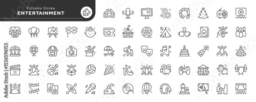 Entertainment line icon set. Hobbies, recreation, concert, party, holiday, dancing, cinema, theater, music, art, show, museum, circus and more. Outline icon in linear style. Vector collection.