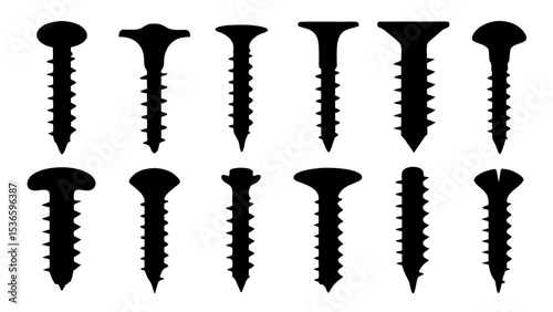 Set of black various screws vector silhouette