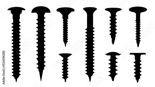 Set of black various screws vector silhouette
