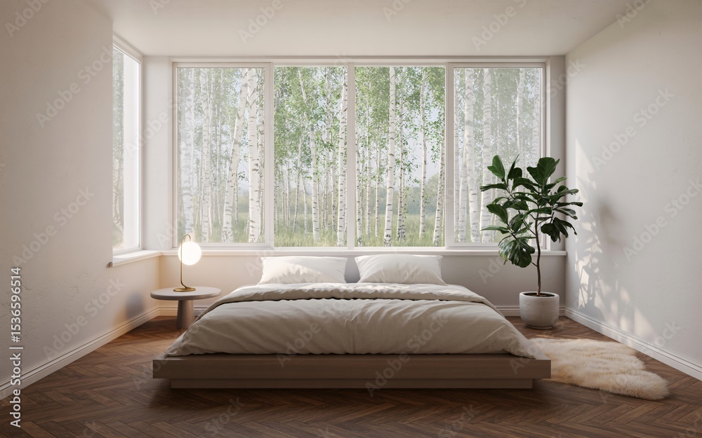 Fototapeta premium Serene Bedroom Retreat Embracing Nature's Beauty and Tranquility