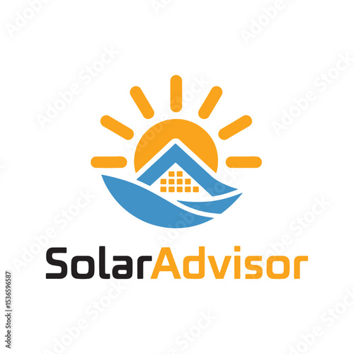 Solar Energy Logo Design, Renewable Energy Symbol with Sun, Solar Panels, and Leaf Solar Logo Design,