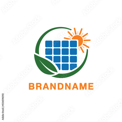 Solar Energy Logo Design, Renewable Energy Symbol with Sun, Solar Panels, and Leaf Solar Logo Design,