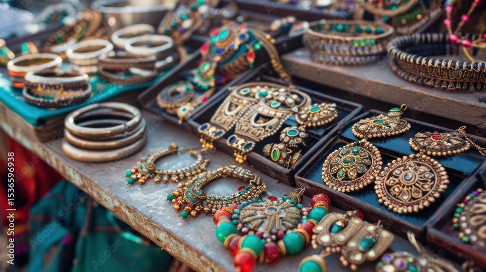 Fototapeta premium Assortment of handcrafted jewelry displayed on a rustic table, featuring ethnic design