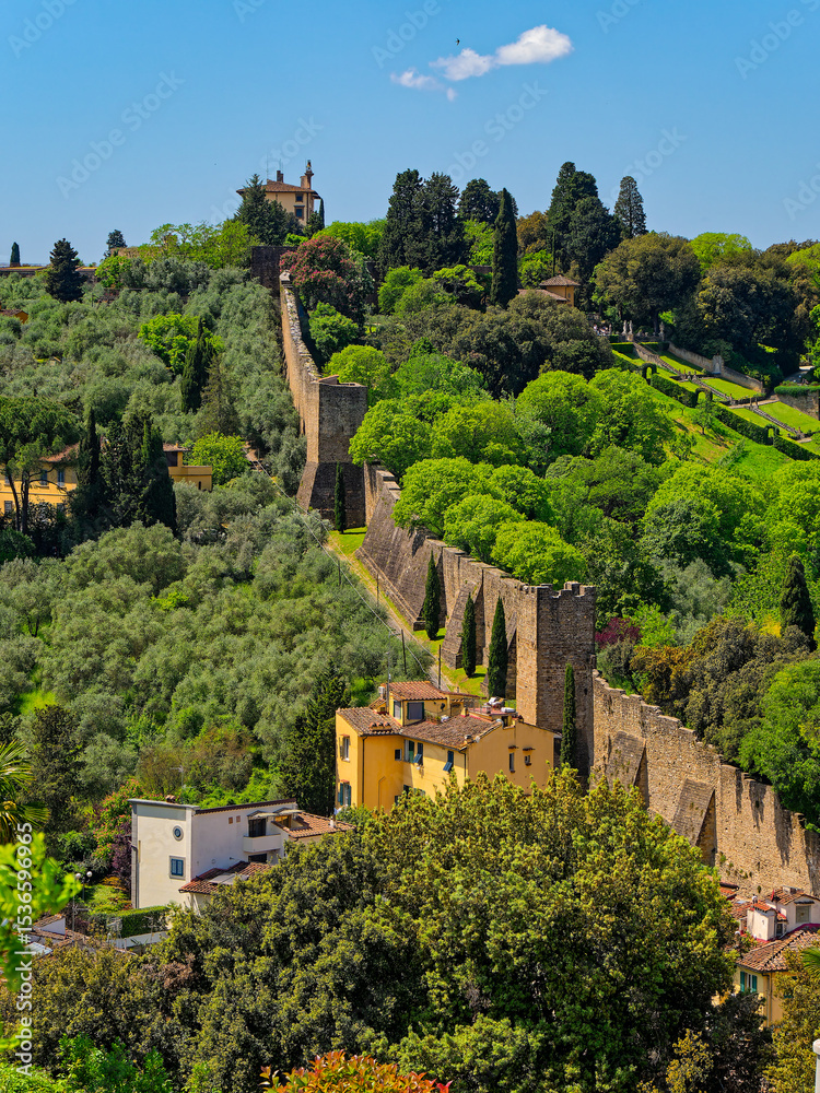 Fototapeta premium Forte Belvedere and walls in the Medici district of Florence, Italy. The fortress sits atop a hill, encircled by trees, with its walls down the hillside, blending architecture with a green landscape.