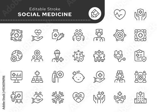 Social medicine line icon set. Public health, medicine, healthcare, doctor, social diagnostics, vaccination, medical examination and more. Outline icon in linear style. Vector collection.	