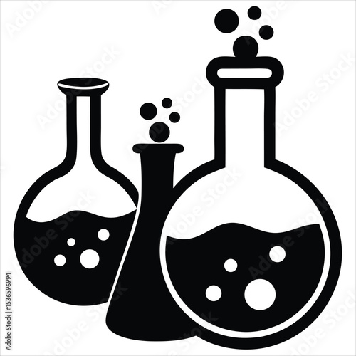 Flask with Blue Liquid silhouette, Flask icon vector illustration, laboratory flask silhouette line art vector illustration, test tube lab silhouette vector art illustration