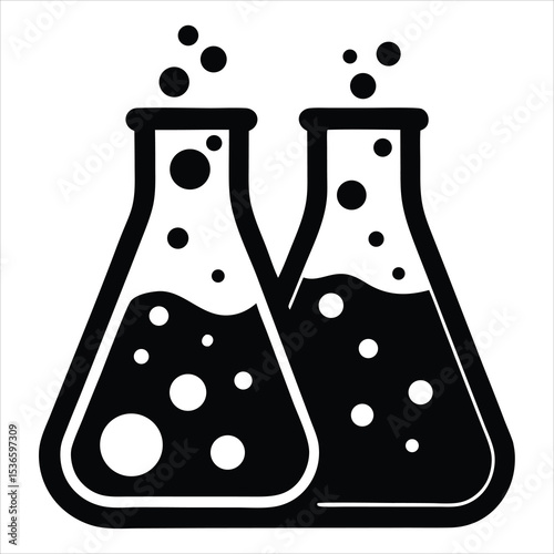 Flask with Blue Liquid silhouette, Flask icon vector illustration, laboratory flask silhouette line art vector illustration, test tube lab silhouette vector art illustration