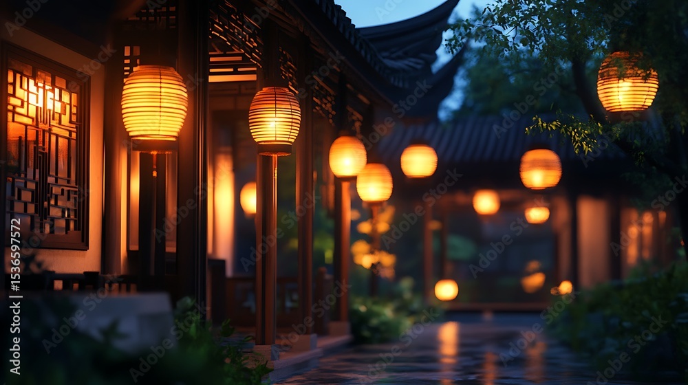 Naklejka premium Asian architecture pathway at dusk