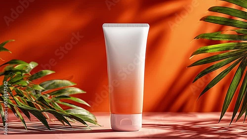 Sunscreen in the Sun: A sleek, gradient-toned sunscreen tube stands gracefully, embodying sun protection amidst vibrant tropical foliage and sunlit shadows.