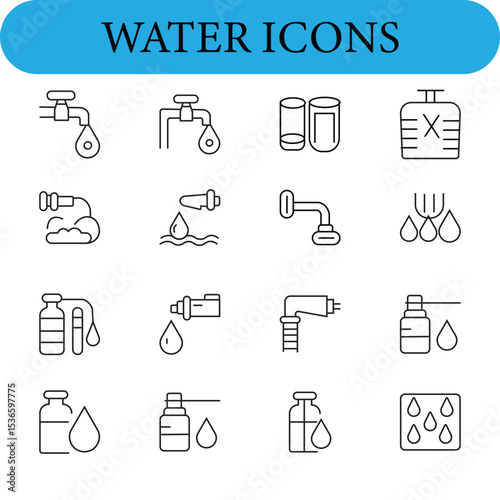 Fifteen black and white line icons related to water, arranged in a grid.