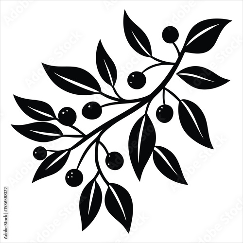 floral branch silhouette, floral branch vector illustration, Black silhouette vector of a botanical branch with leaves on a white background,