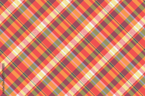 Vibrant diagonal plaid pattern in warm autumnal hues.  Perfect for textile designs, website backgrounds, or crafting projects. This cheerful, seamless texture evokes feelings of warmth and comfort.