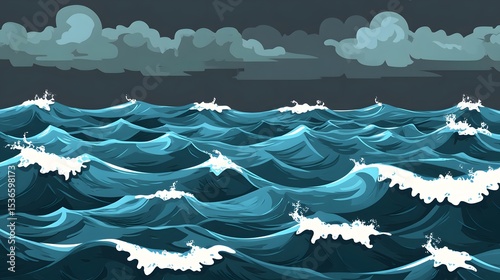 Dramatic Ocean Waves Under Dark Clouds Seascape Illustration
