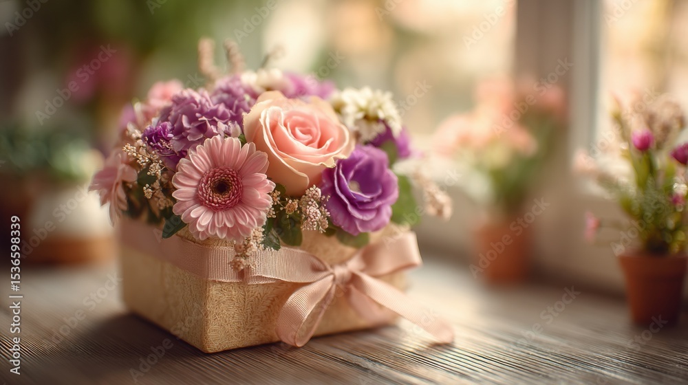 Obraz premium Pastel Flower Arrangement in Woven Box With Ribbon, Symbolizing Affection and Celebrating Mother's Day : Generative AI