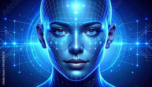 AI Woman with Digital Face, and Network.