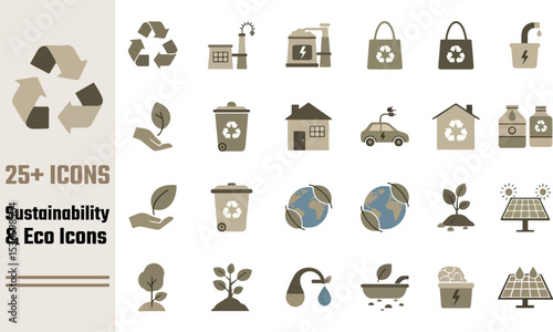 Collection of 25 sustainability and eco icons isolated on white background isolated on transparent background silhouette
