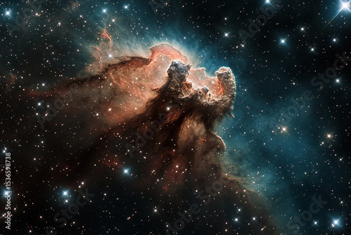 Cosmic view of the Horsehead Nebula glowing in vibrant hues of orange and blue against a backdrop of countless stars