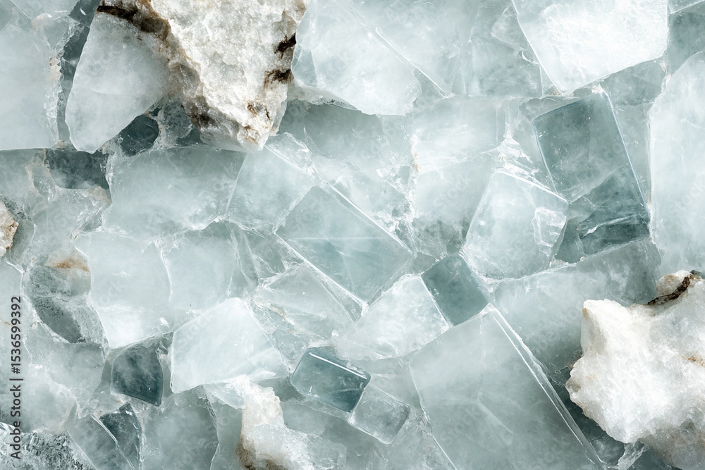 Obraz premium Translucent blue glass texture with detailed crystal formations and rock fragments illuminated by soft light