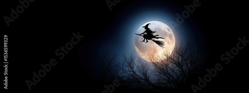 Enchanted Flight: Witch Silhouette Against Full Moon