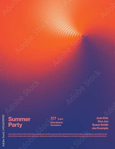 Summer Party Poster Template with Abstract Psychadelic Gradient Circles. Printable eps10 vector file