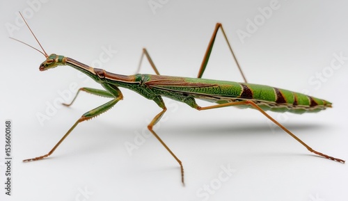 Close-Up of a Praying Mantis Against a White Background, Showcasing Wildlife Diversity and Insect Study : Generative AI